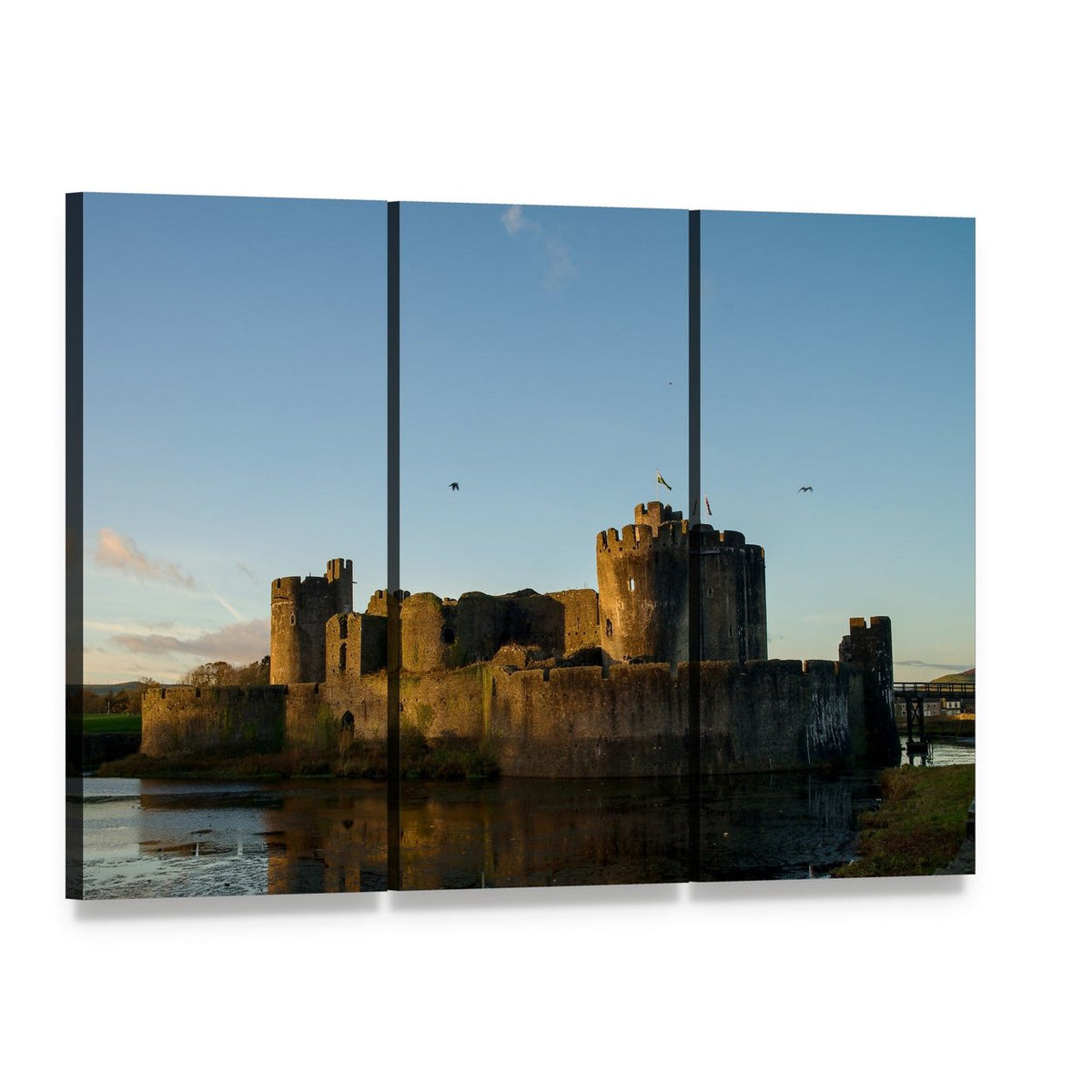 Carphilly Castle with Moat and Birds Canvas Wall Art, 3 panel 3 Horizontal layout gallery wrapped canvas set, angled product view