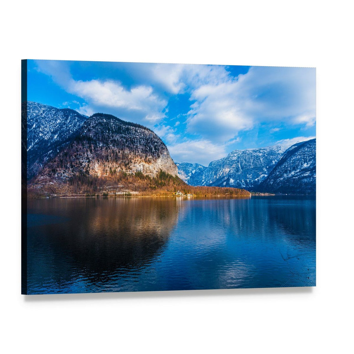 Austrian Lake with Snow-capped Mountains Canvas Wall Art, single panel gallery wrapped canvas, angled product view