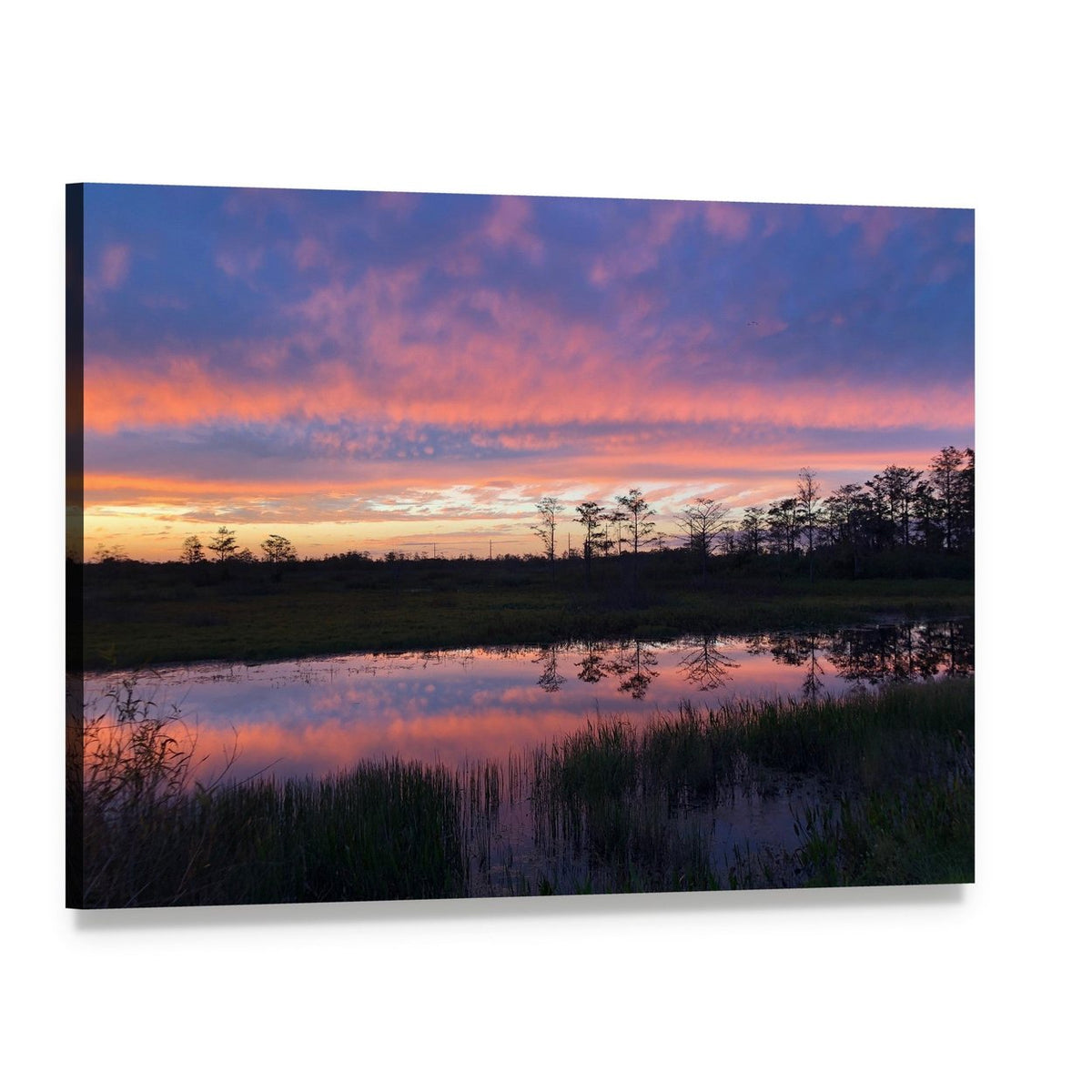 Swamp Sunset with Reflections Canvas Wall Art, single panel gallery wrapped canvas, angled product view