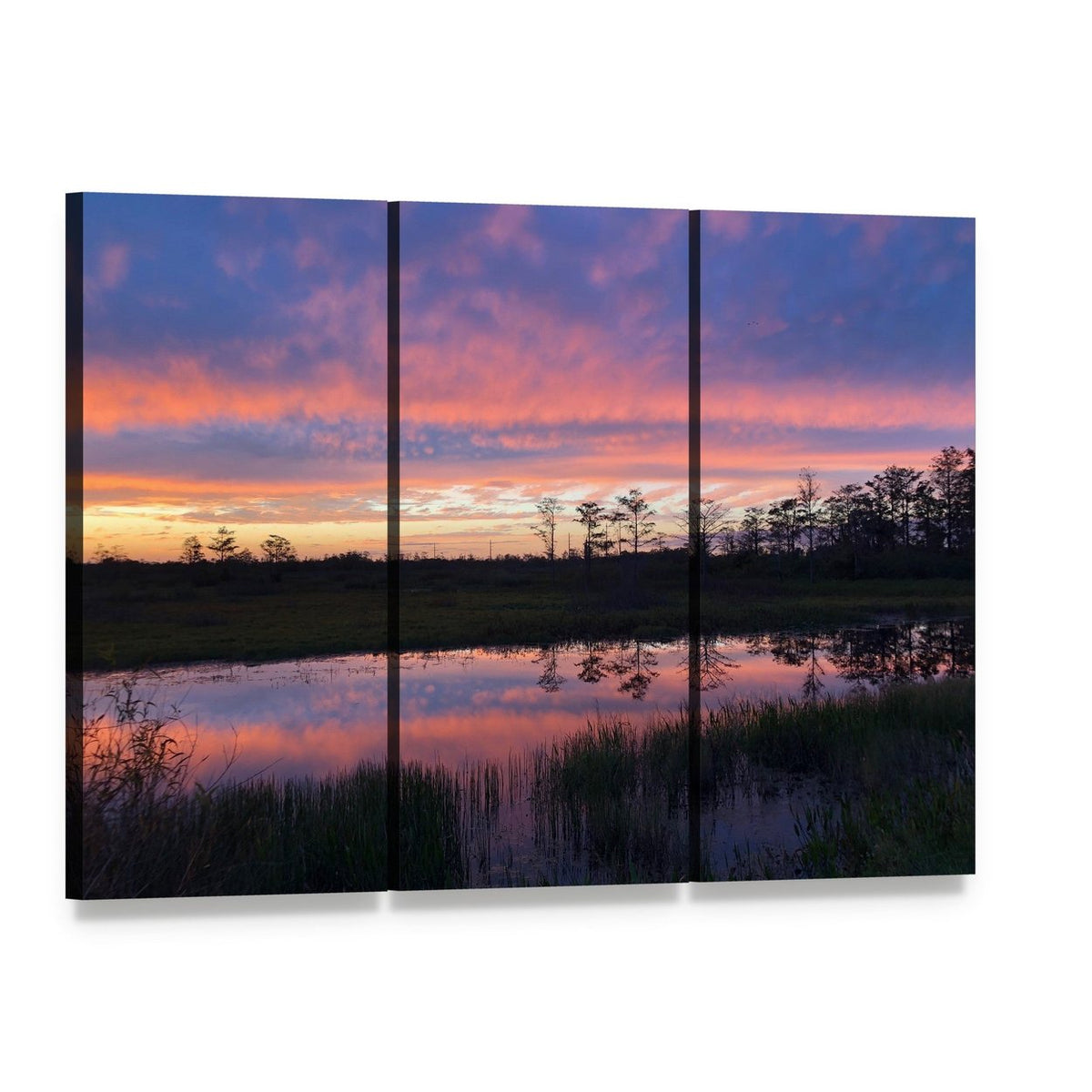 Swamp Sunset with Reflections Canvas Wall Art, 3 panel 3 Horizontal layout gallery wrapped canvas set, angled product view