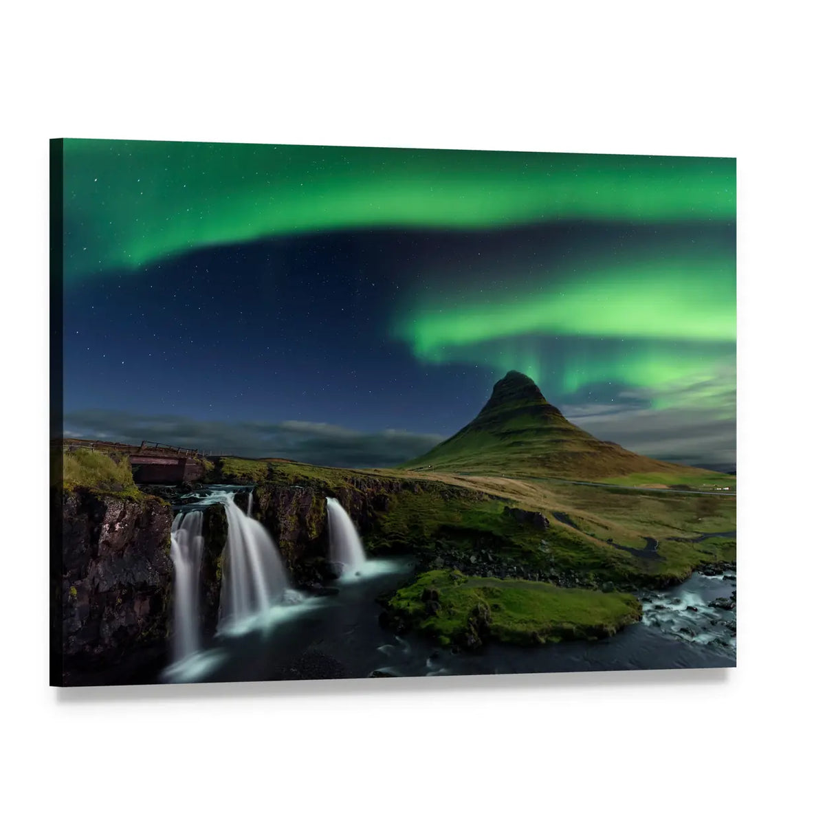 Northern Lights Over Mountain and Waterfalls Canvas Wall Art, single panel gallery wrapped canvas, angled product view