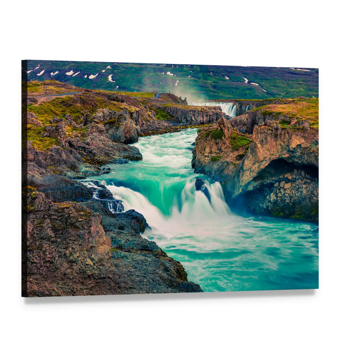 Summer Morning Waterfall Scene Canvas Wall Art, single panel gallery wrapped canvas, angled product view