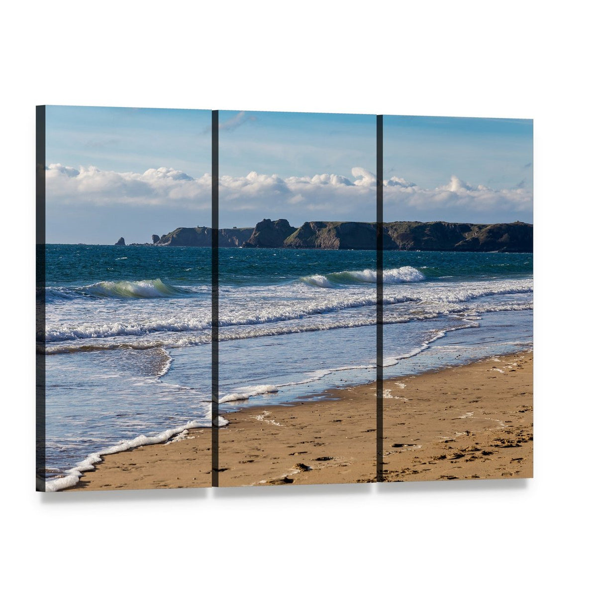 South Beach Cliffs with Foamy Waves Canvas Wall Art, 3 panel 3 Horizontal layout gallery wrapped canvas set, angled product view