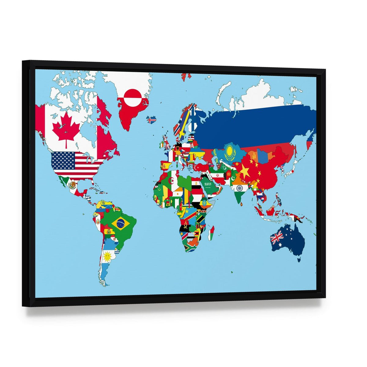 World Map with All States and Their Flags Canvas Wall Art, framed canvas in a black floater frame, angled product view