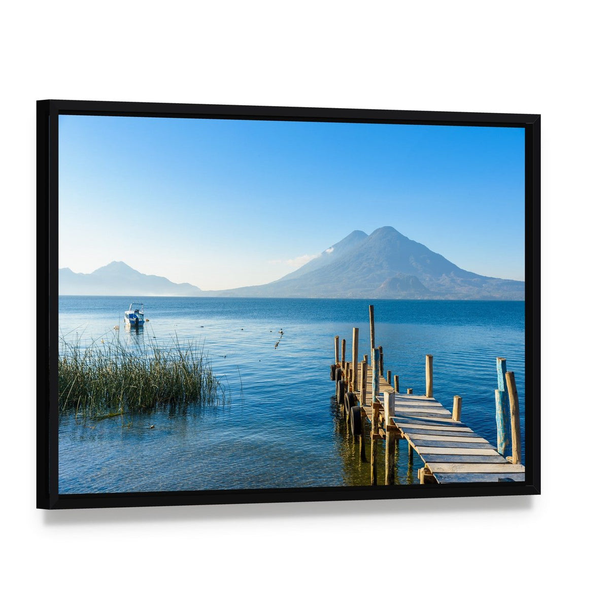 Wooden Pier by Mountain Lake Canvas Wall Art, framed canvas in a black floater frame, angled product view