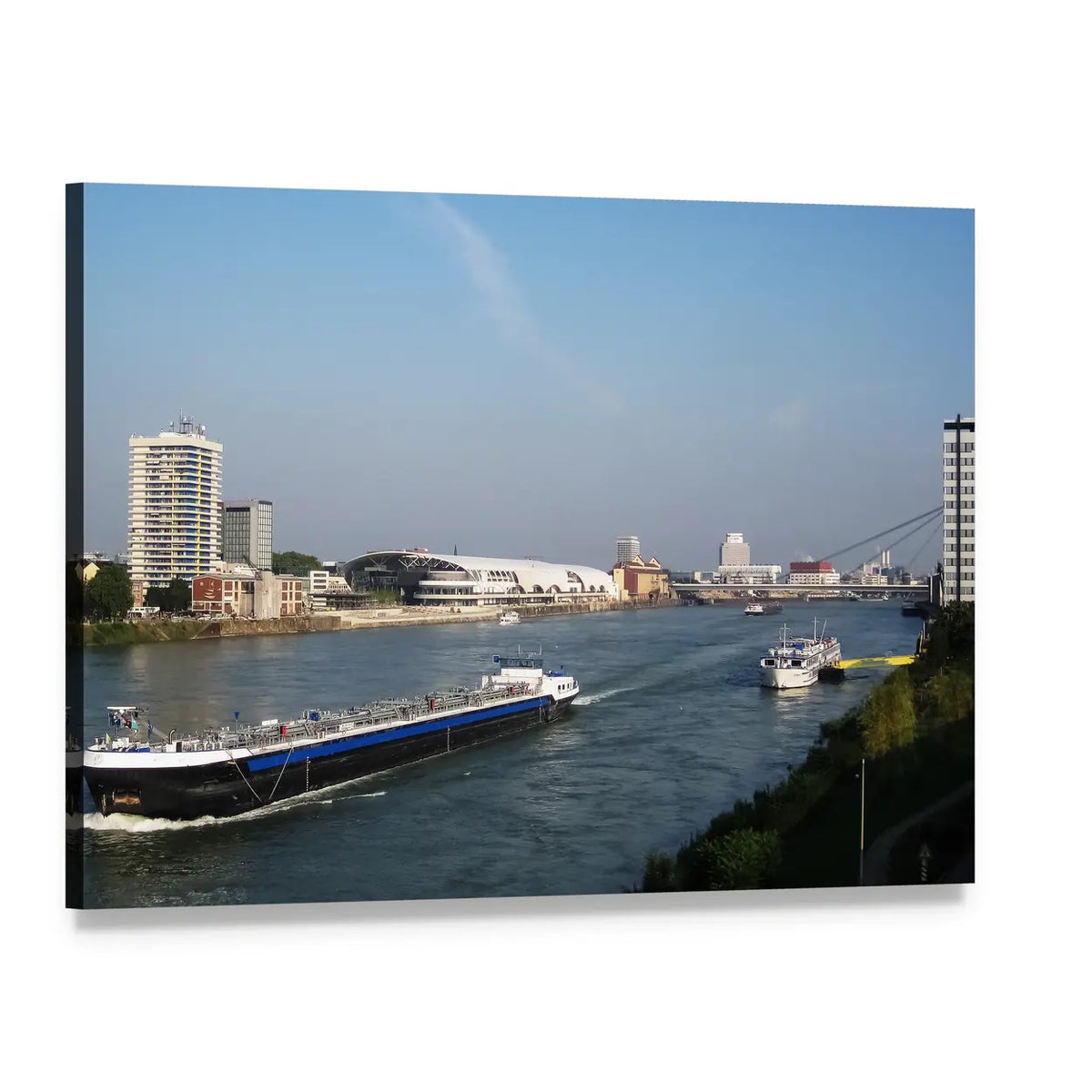 Cargo and Cruise Ships by River Skyline Canvas Wall Art, single panel gallery wrapped canvas, angled product view