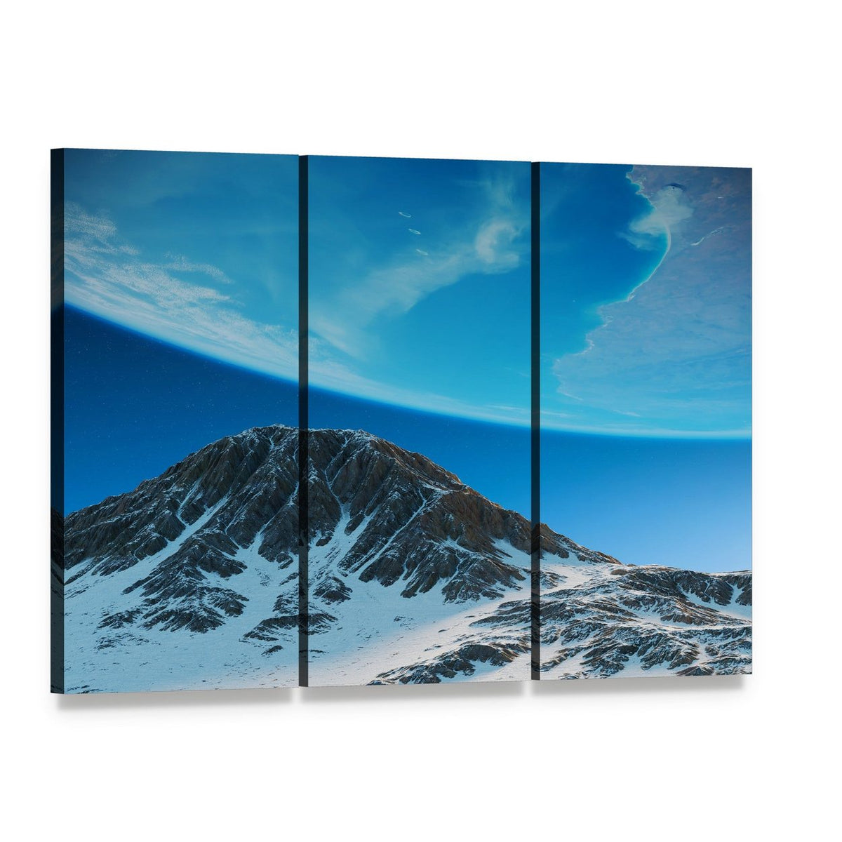 Exoplanets Over Snow-capped Mountains Canvas Wall Art, 3 panel 3 Horizontal layout gallery wrapped canvas set, angled product view