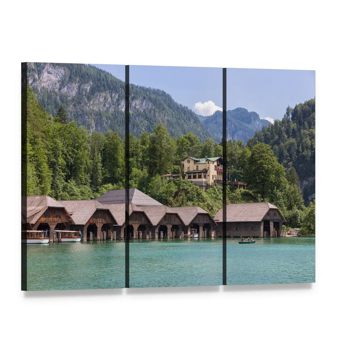 Boathouses at Konigssee Canvas Wall Art, 3 panel 3 Horizontal layout gallery wrapped canvas set, angled product view