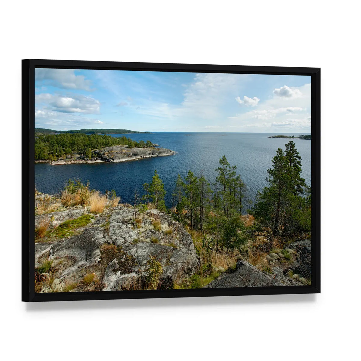 Lake Ladoga with Forested Islands Canvas Wall Art, framed canvas in a black floater frame, angled product view