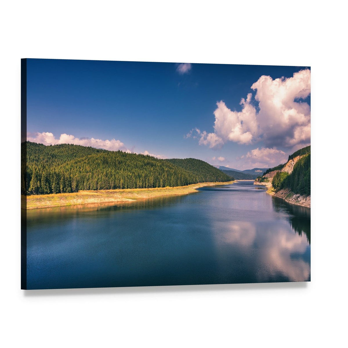 Mountain Lake with Sunlit Cloud Reflections Canvas Wall Art, single panel gallery wrapped canvas, angled product view