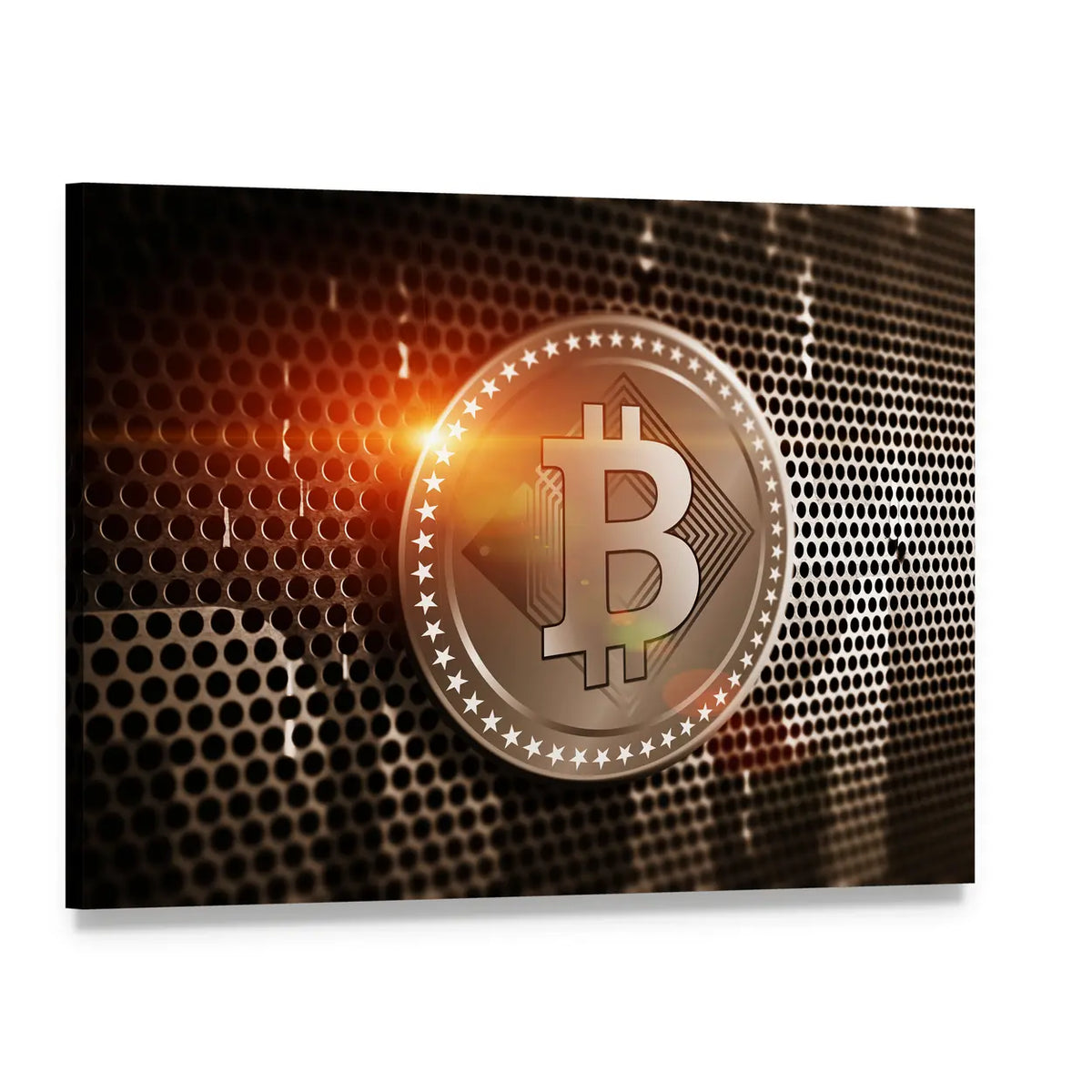 Bronze Bitcoin on Perforated Metal Sheet Canvas Wall Art, single panel gallery wrapped canvas, angled product view