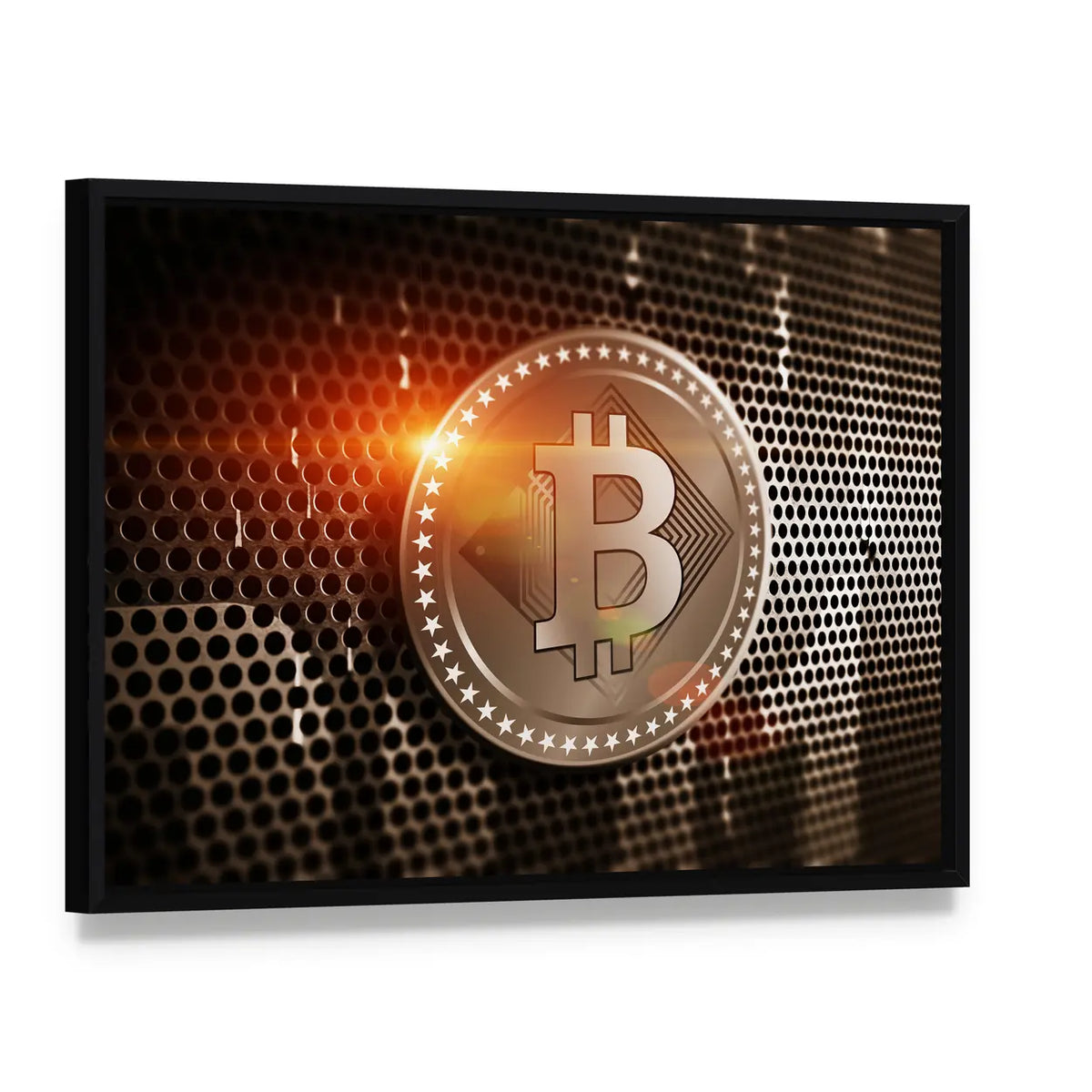 Bronze Bitcoin on Perforated Metal Sheet Canvas Wall Art, framed canvas in a black floater frame, angled product view
