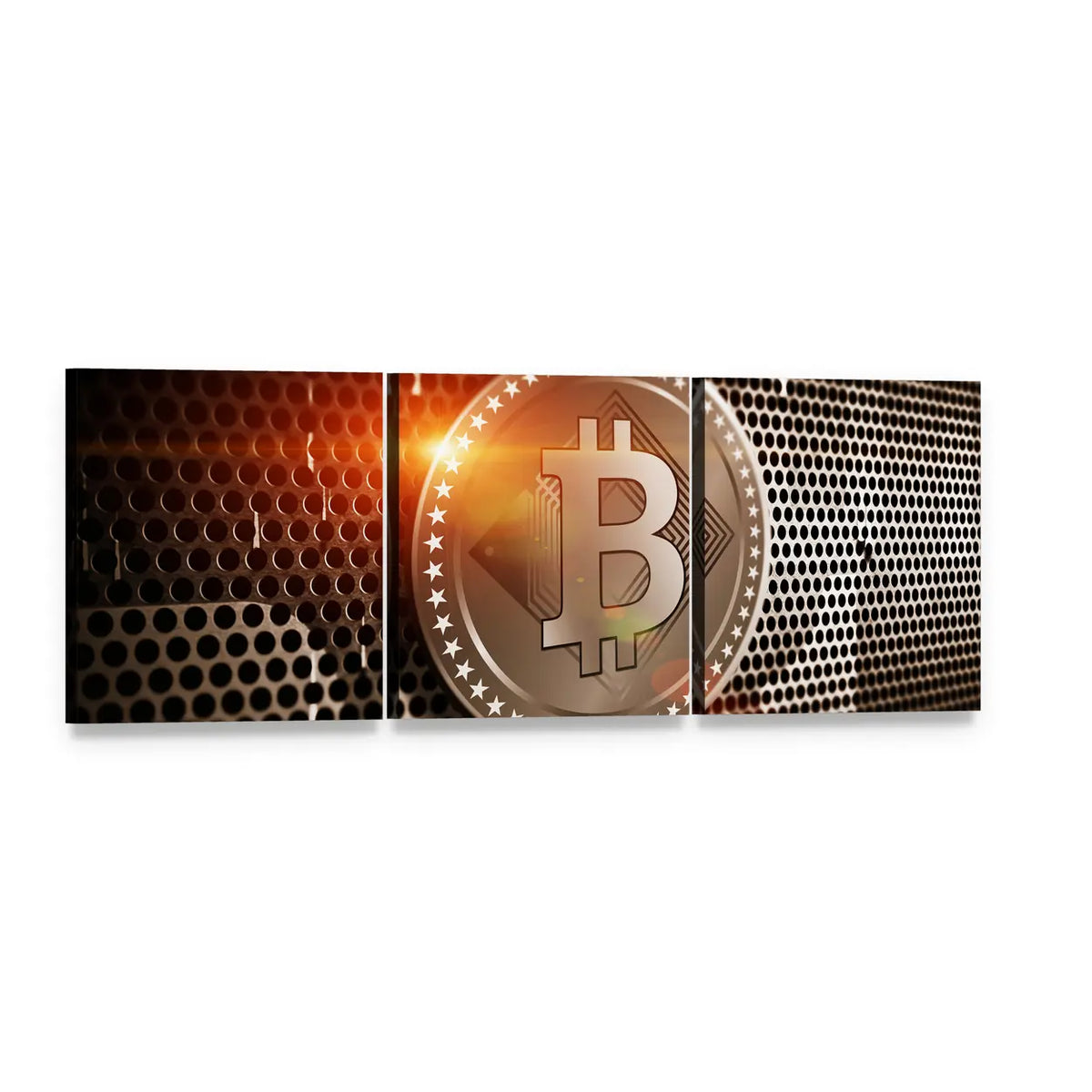 Bitcoin Coin on Perforated Metal Panoramic Canvas Wall Art, 3 panel 3 Piece layout gallery wrapped canvas set, angled product view