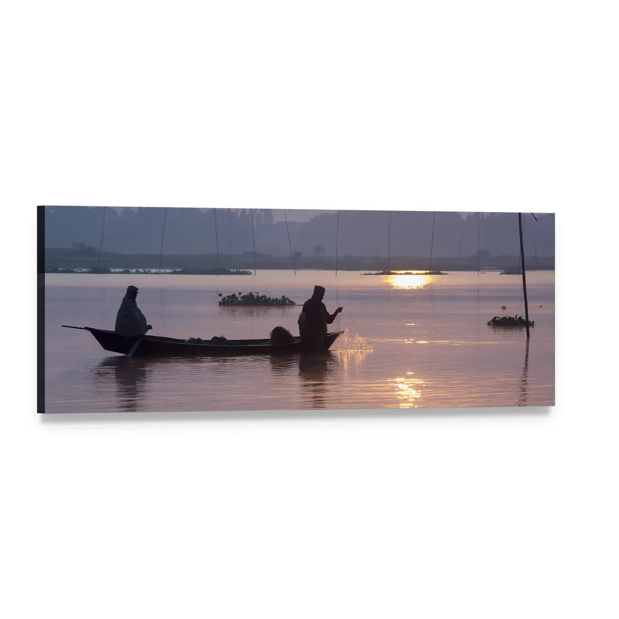 Fishing on Kaliganga River at Sunrise Panoramic Canvas Wall Art, single panel gallery wrapped canvas, angled product view
