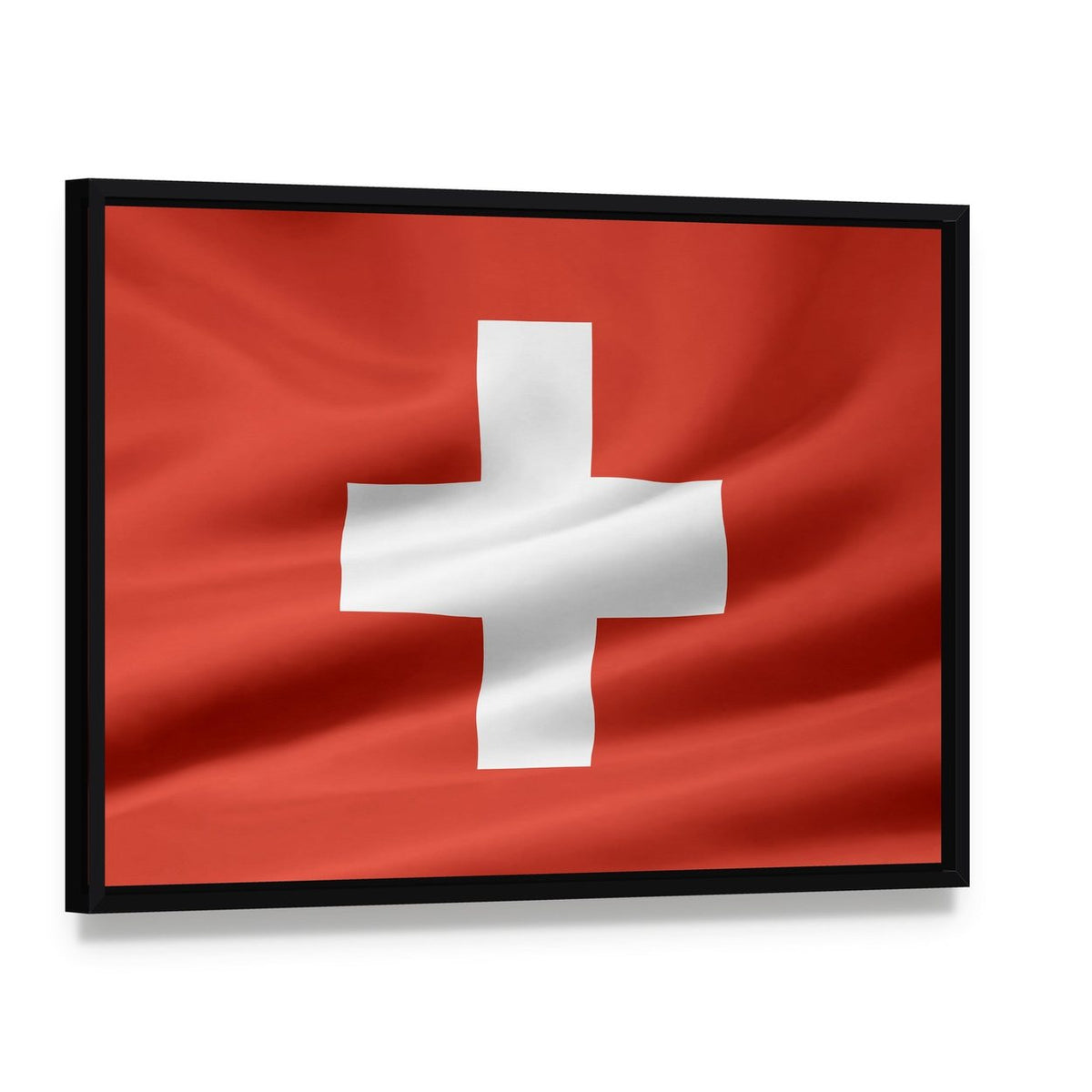 Swiss Flag with Subtle Folds Canvas Wall Art, framed canvas in a black floater frame, angled product view