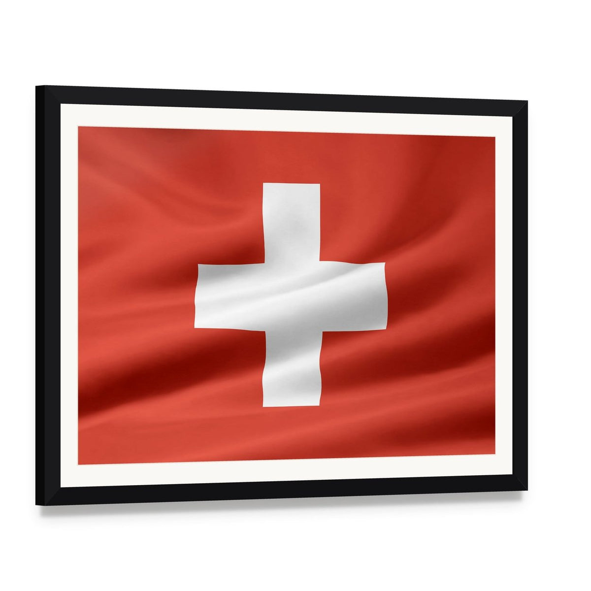 Swiss Flag with Subtle Folds Canvas Wall Art, framed print with white mat and black frame, angled product view