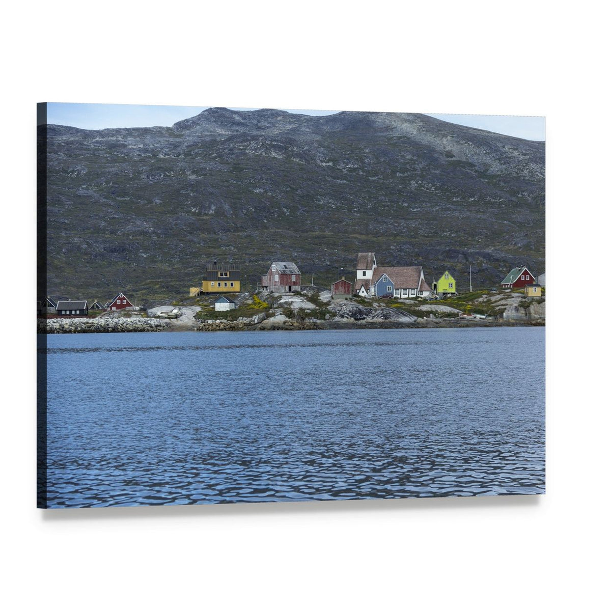 South Greenland Coastal Village Canvas Wall Art, single panel gallery wrapped canvas, angled product view