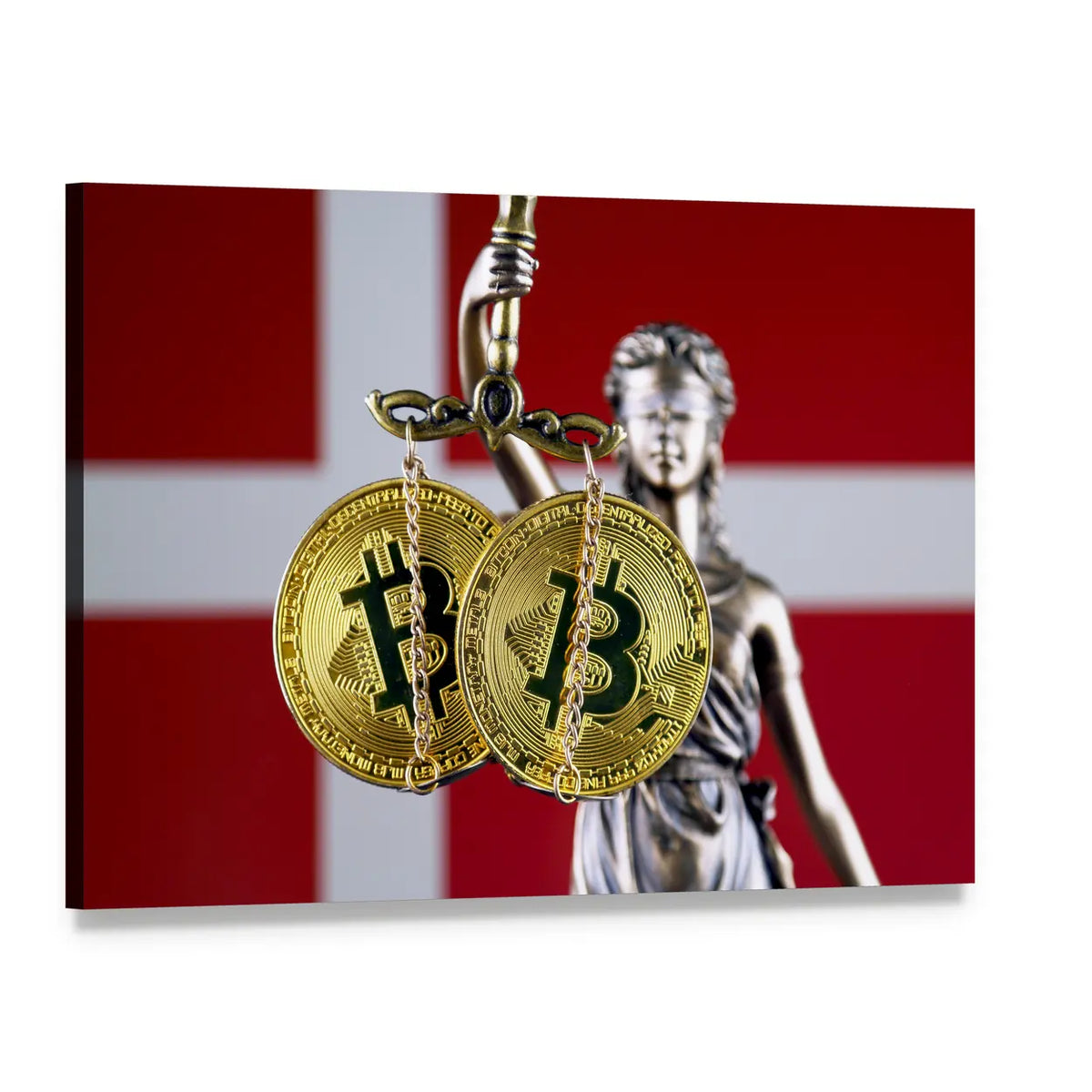 Lady Justice with Bitcoin and Denmark Flag Canvas Wall Art, single panel gallery wrapped canvas, angled product view