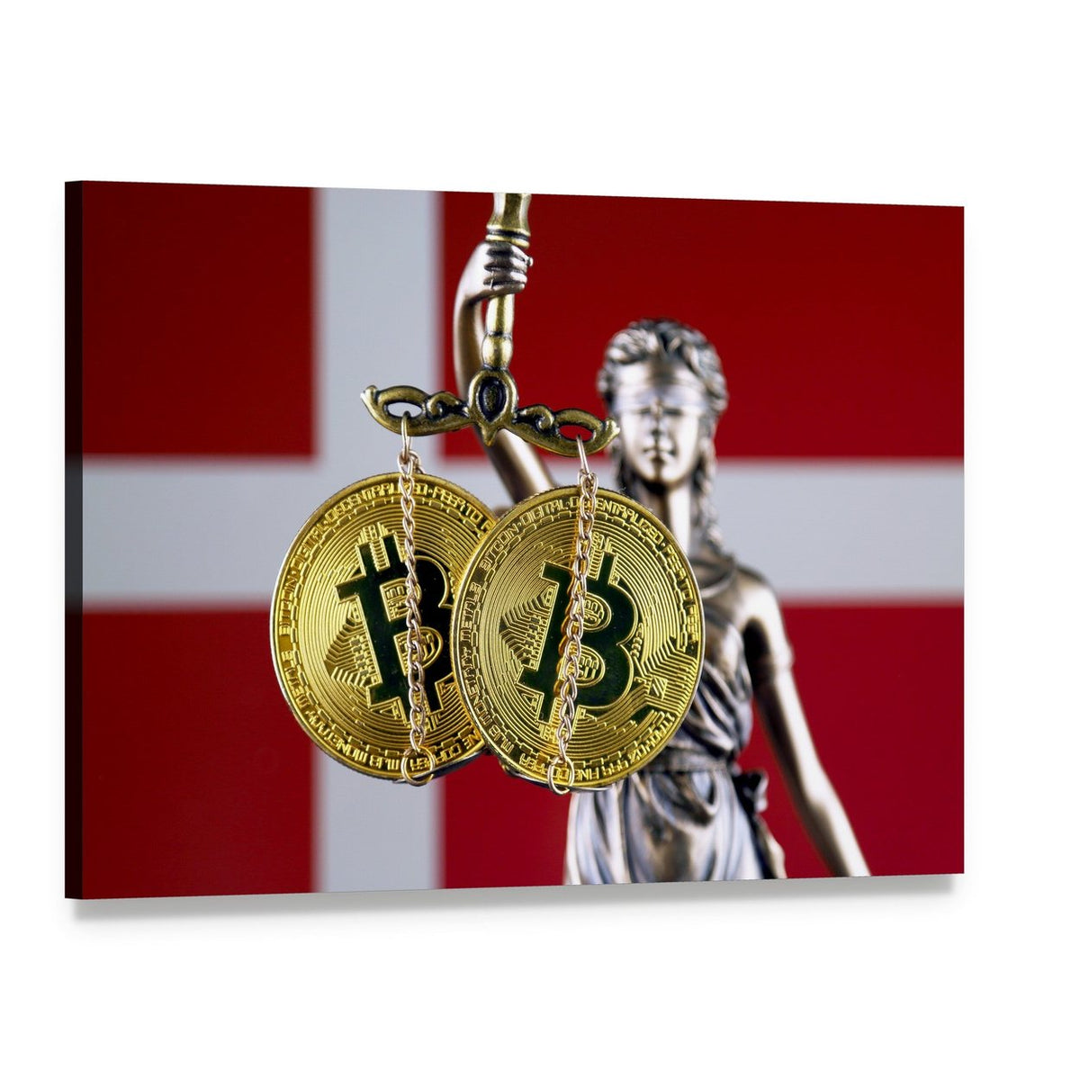 Lady Justice with Bitcoin Scales and Danish Flag Canvas Wall Art, single panel gallery wrapped canvas, angled product view
