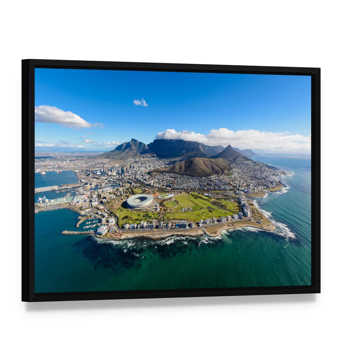 Aerial View of Cape Town Canvas Wall Art, framed canvas in a black floater frame, angled product view