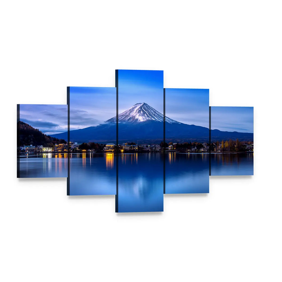 Mount Fuji Over Lakeside Town Canvas Wall Art, 5 panel 5 Star layout gallery wrapped canvas set, angled product view