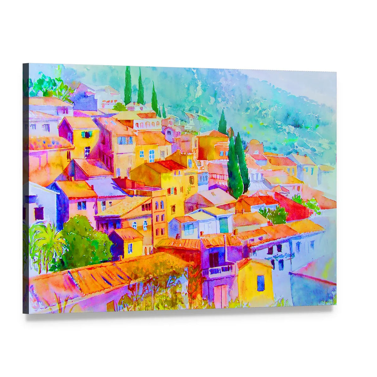 Colorful Mediterranean Hillside Village Canvas Wall Art, single panel gallery wrapped canvas, angled product view