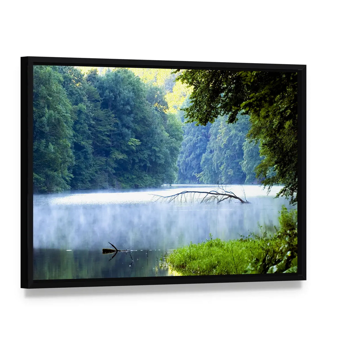 Forest Lake in Morning Mist Canvas Wall Art, framed canvas in a black floater frame, angled product view
