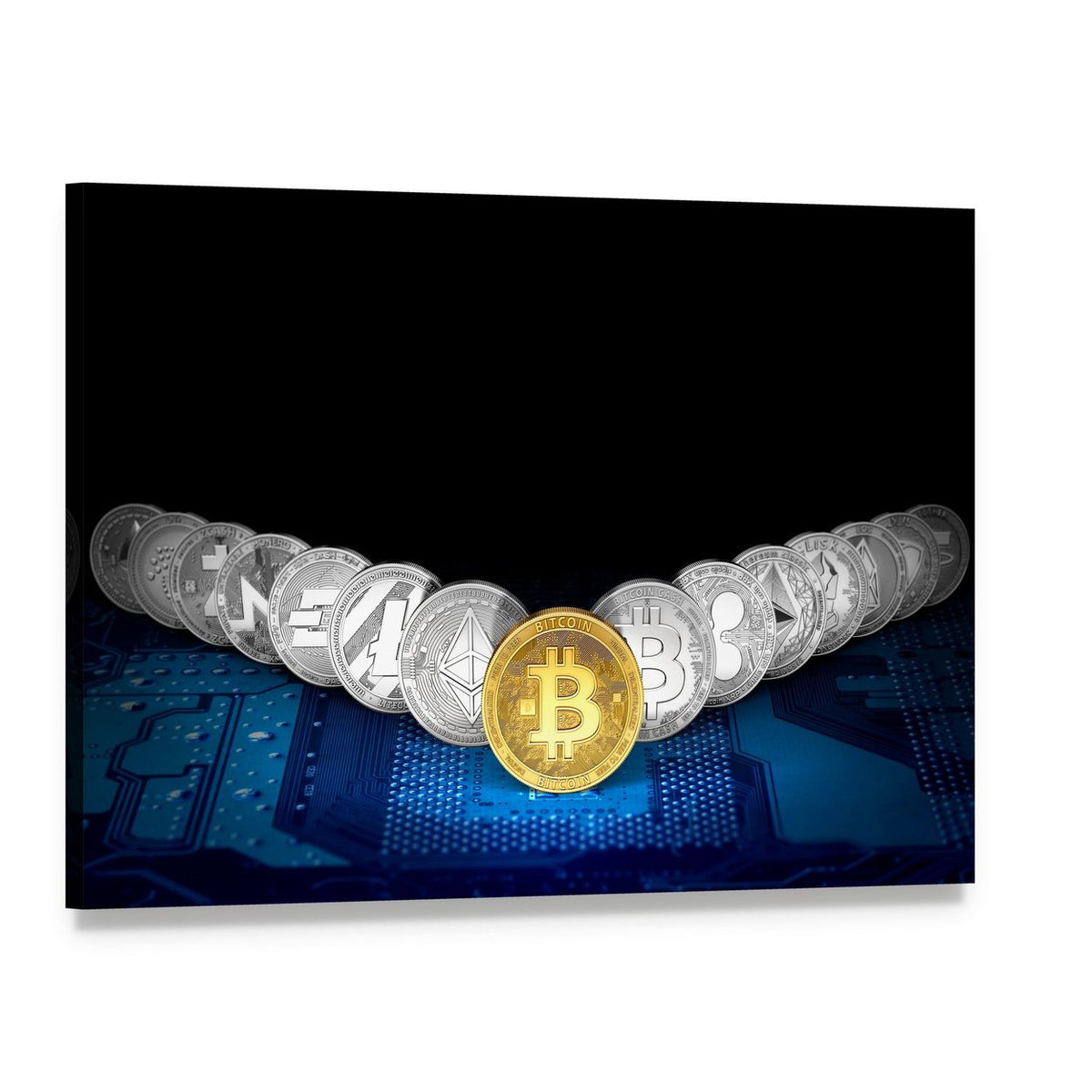 Golden Bitcoin Surrounded by Silver Coins Canvas Wall Art, single panel gallery wrapped canvas, angled product view