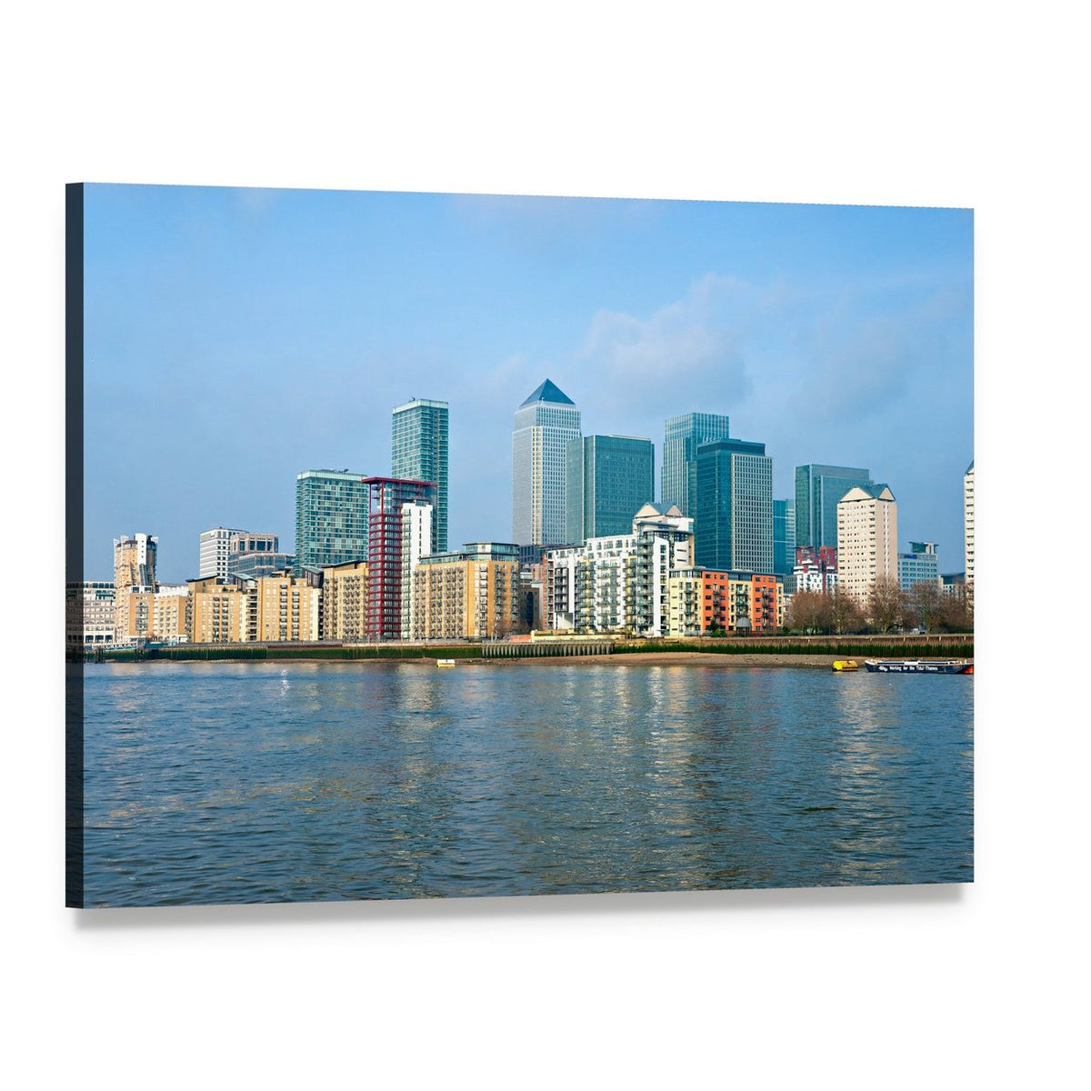 Canary Wharf Waterfront Skyline Canvas Wall Art, single panel gallery wrapped canvas, angled product view