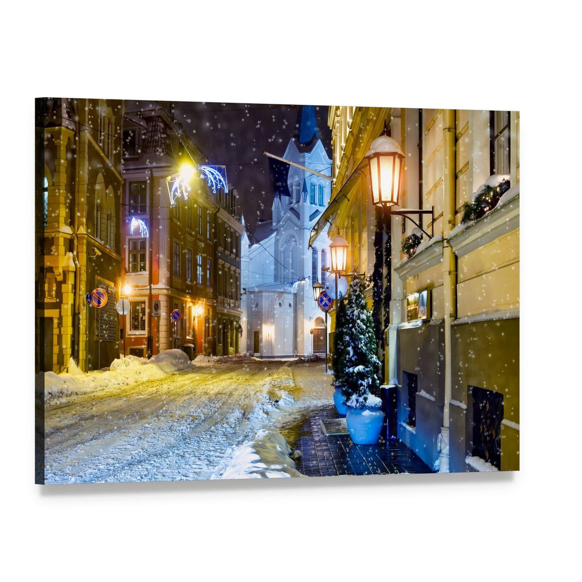 Winter Night in Colorful Riga Canvas Wall Art, single panel gallery wrapped canvas, angled product view