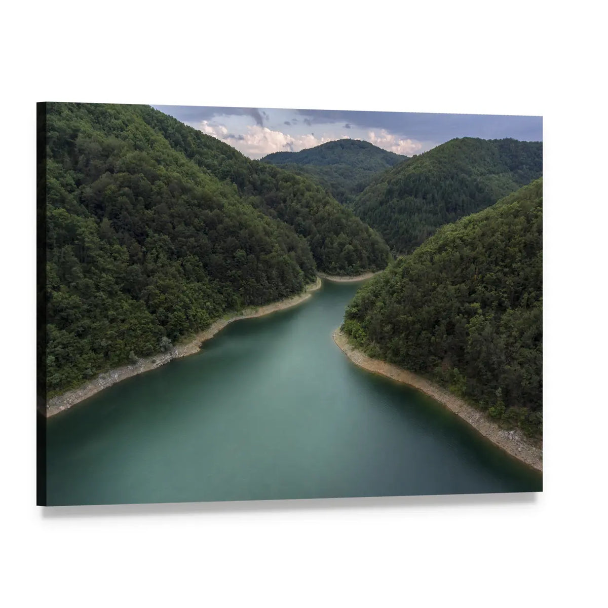 Aerial Lake with Turquoise River Canvas Wall Art, single panel gallery wrapped canvas, angled product view