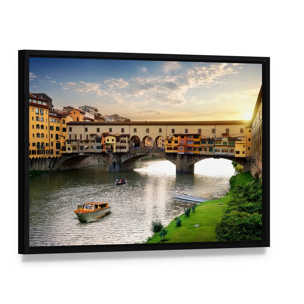 Ponte Vecchio In Florence At Sunset In Italy Canvas Wall Art, framed canvas in a black floater frame, angled product view