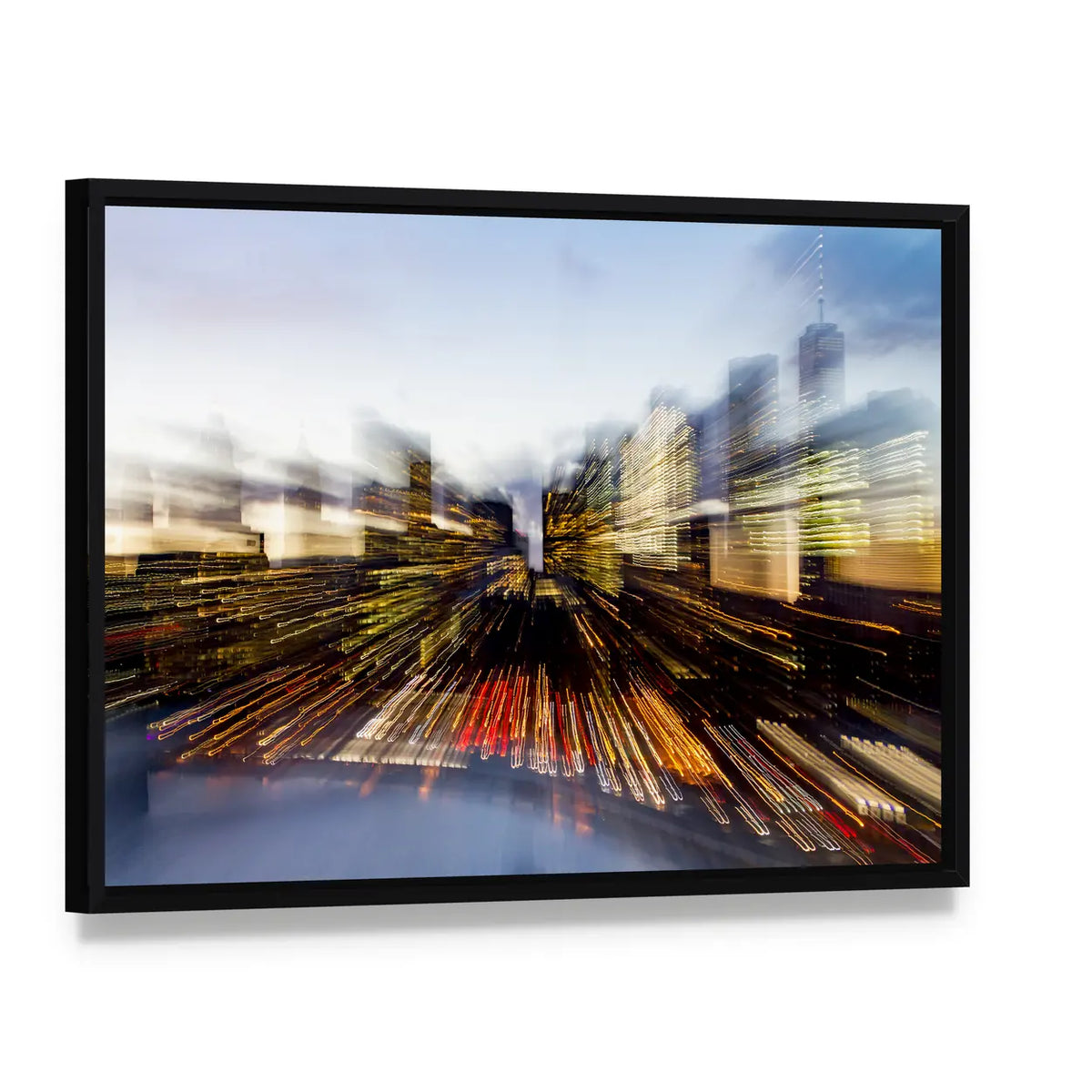 New York City Downtown Building Lights At Dusk In Manhattan Canvas Wall Art, framed canvas in a black floater frame, angled product view