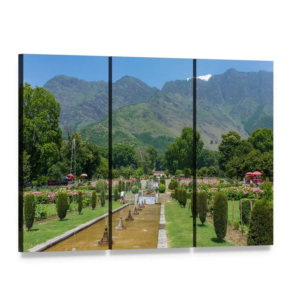 Mughal Garden in Srinagar with Snow-capped Mountains Canvas Wall Art, 3 panel 3 Horizontal layout gallery wrapped canvas set, angled product view