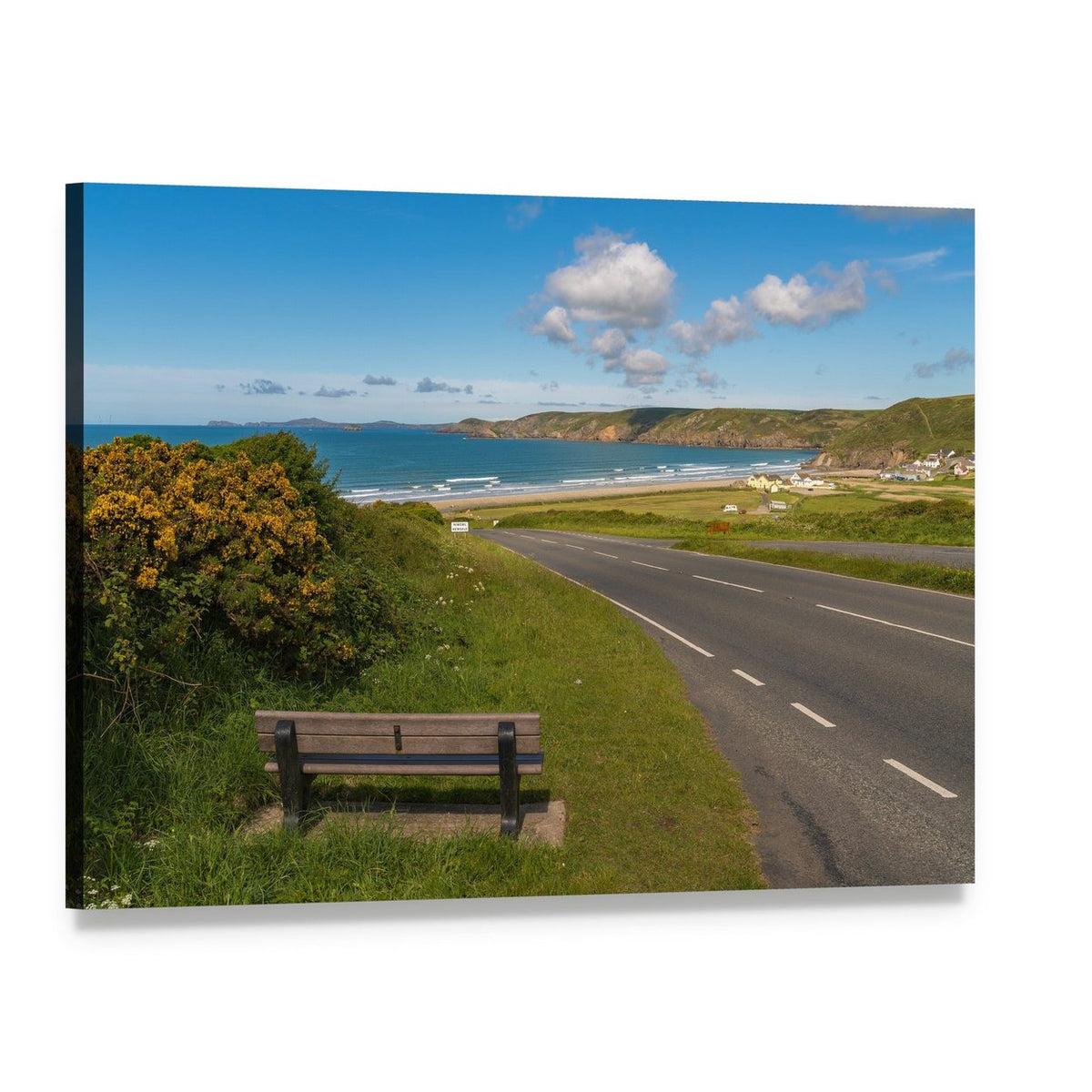 Coastal Bench Overlooking Road and Beach Canvas Wall Art, single panel gallery wrapped canvas, angled product view