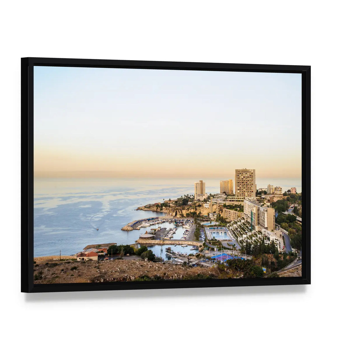 Beirut Harbor View Canvas Wall Art, framed canvas in a black floater frame, angled product view