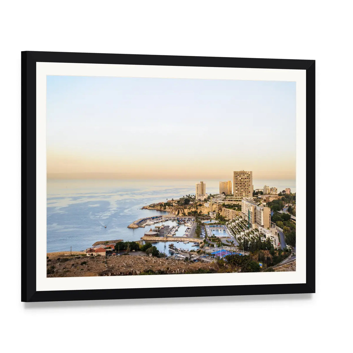 Beirut Harbor View Canvas Wall Art, framed print with white mat and black frame, angled product view