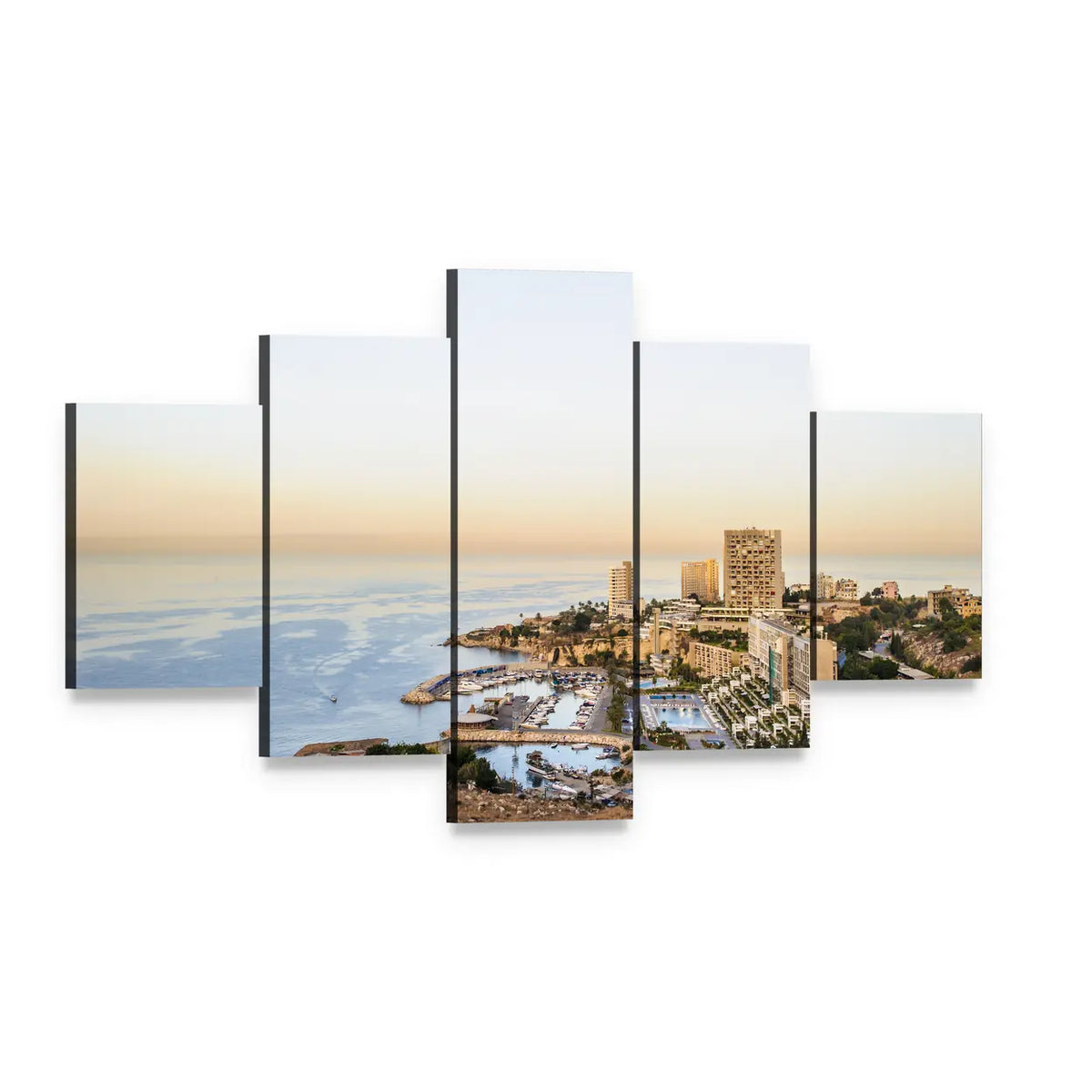 Beirut Harbor View Canvas Wall Art, 5 panel 5 Star layout gallery wrapped canvas set, angled product view