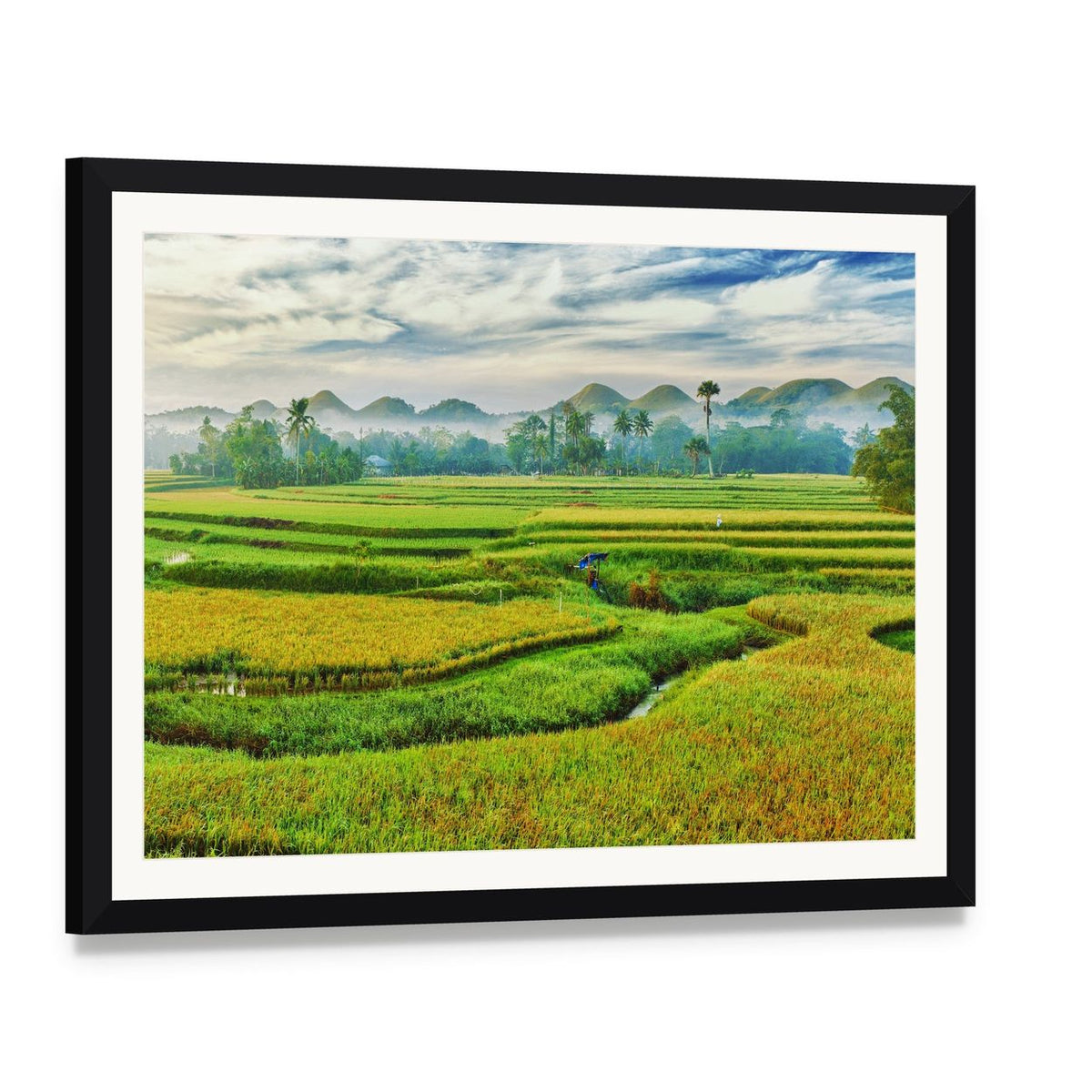 Paddy Rice Terraces in Morning Mist Canvas Wall Art, framed print with white mat and black frame, angled product view