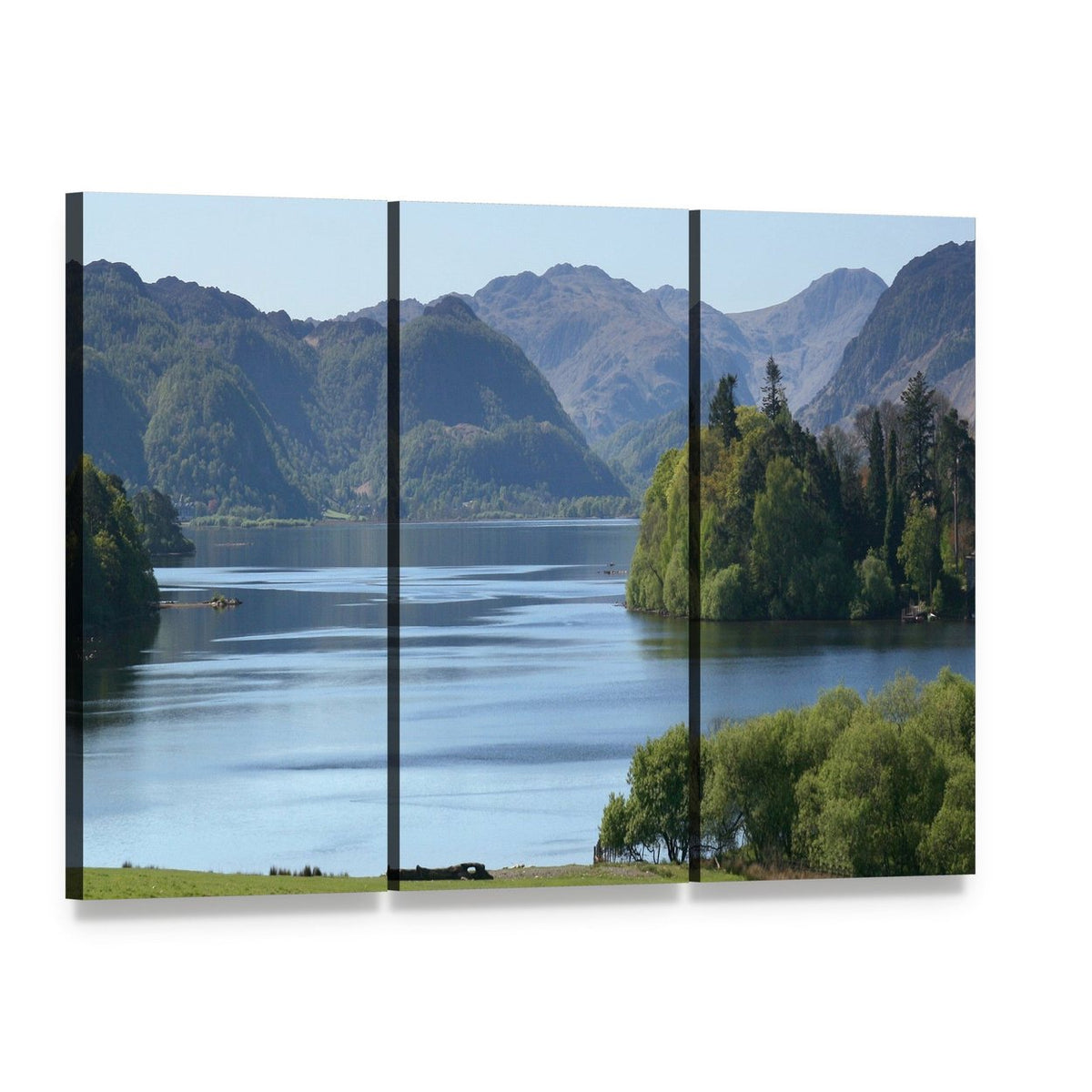Derwent Water Lake Uk Canvas Wall Art, 3 panel 3 Horizontal layout gallery wrapped canvas set, angled product view