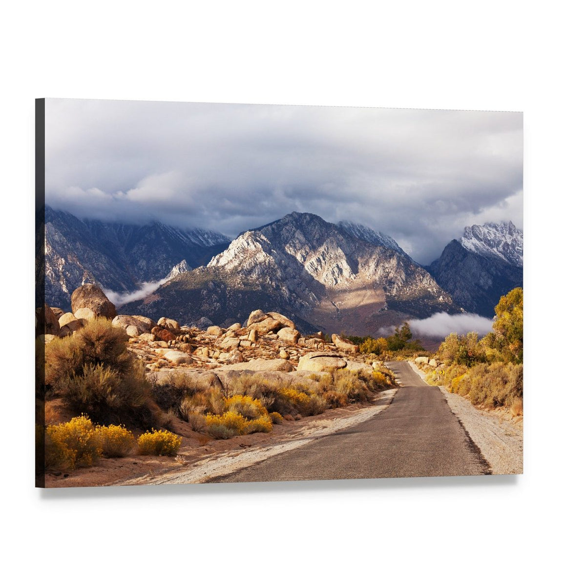 Curving Mountain Road to Snow-capped Peaks Canvas Wall Art, single panel gallery wrapped canvas, angled product view