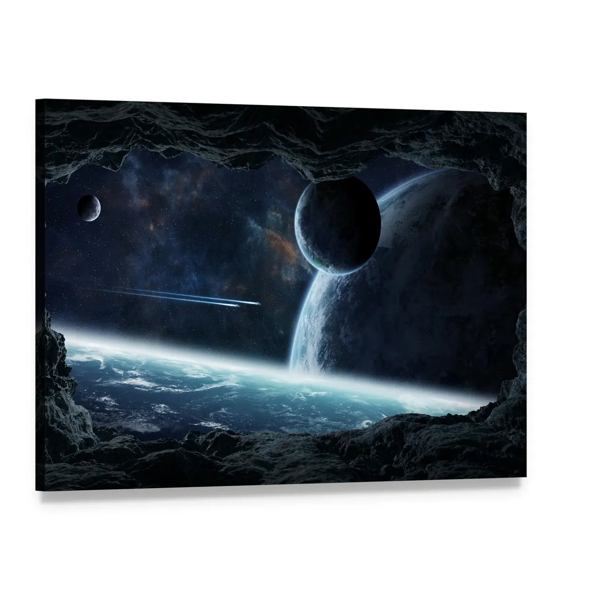 Cave View of Planets and Moons Canvas Wall Art, single panel gallery wrapped canvas, angled product view