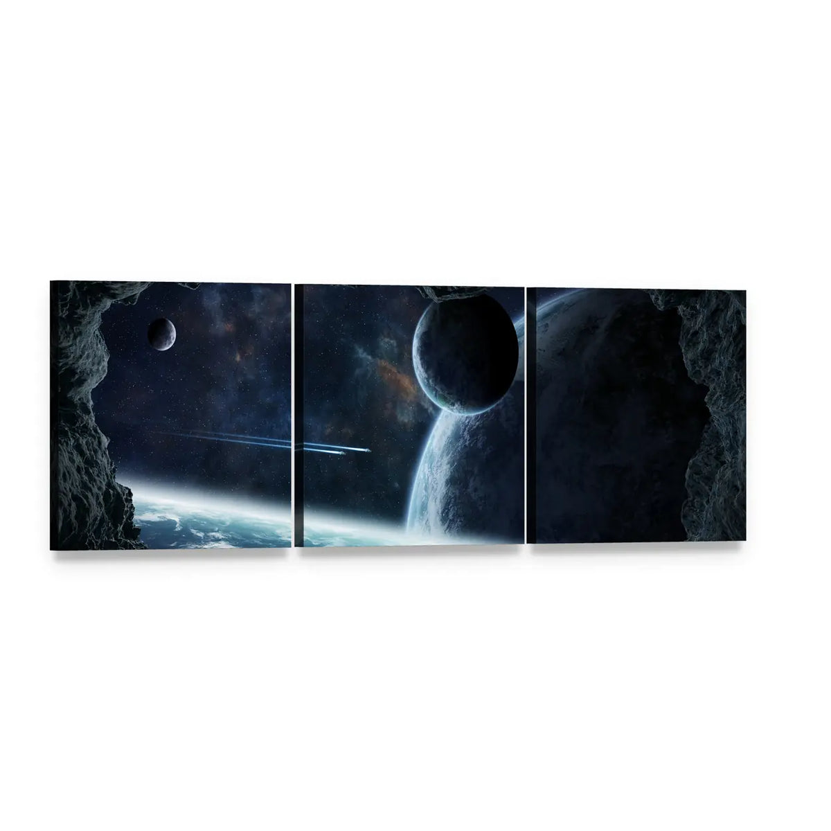 Planets Seen from a Cave Panoramic Canvas Wall Art, 3 panel 3 Piece layout gallery wrapped canvas set, angled product view