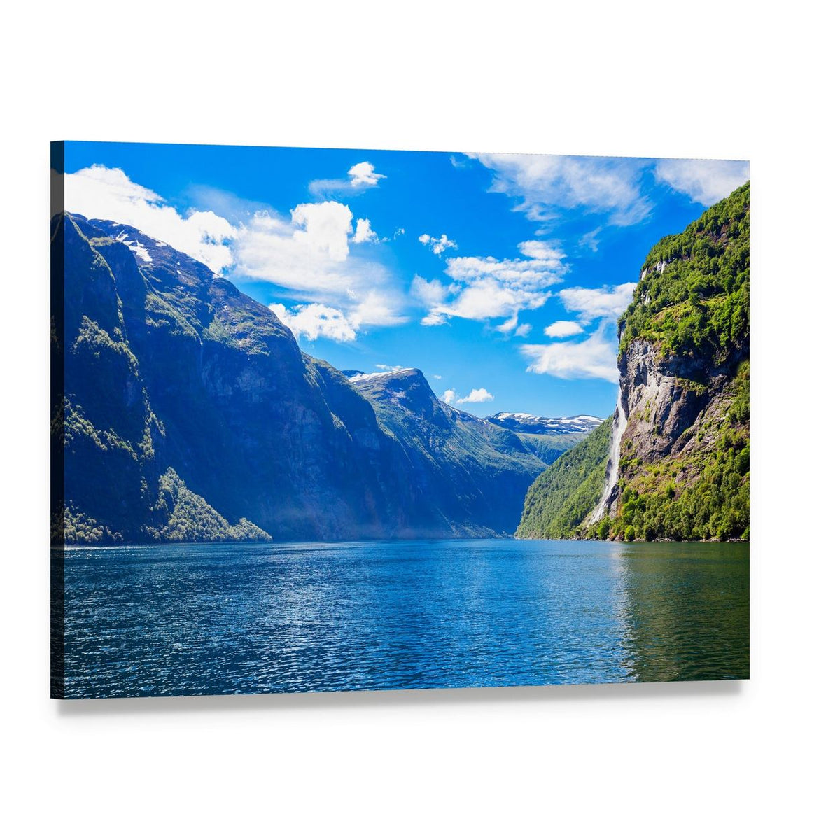 Seven Sisters Waterfall Over Mountain Lake Canvas Wall Art, single panel gallery wrapped canvas, angled product view