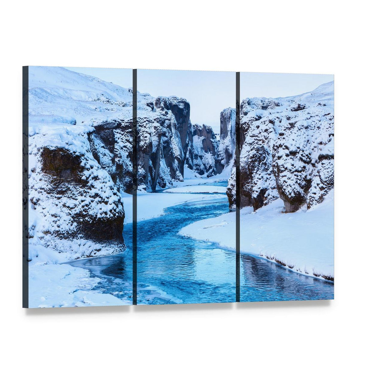 Fjadra River in Winter Canvas Wall Art, 3 panel 3 Horizontal layout gallery wrapped canvas set, angled product view