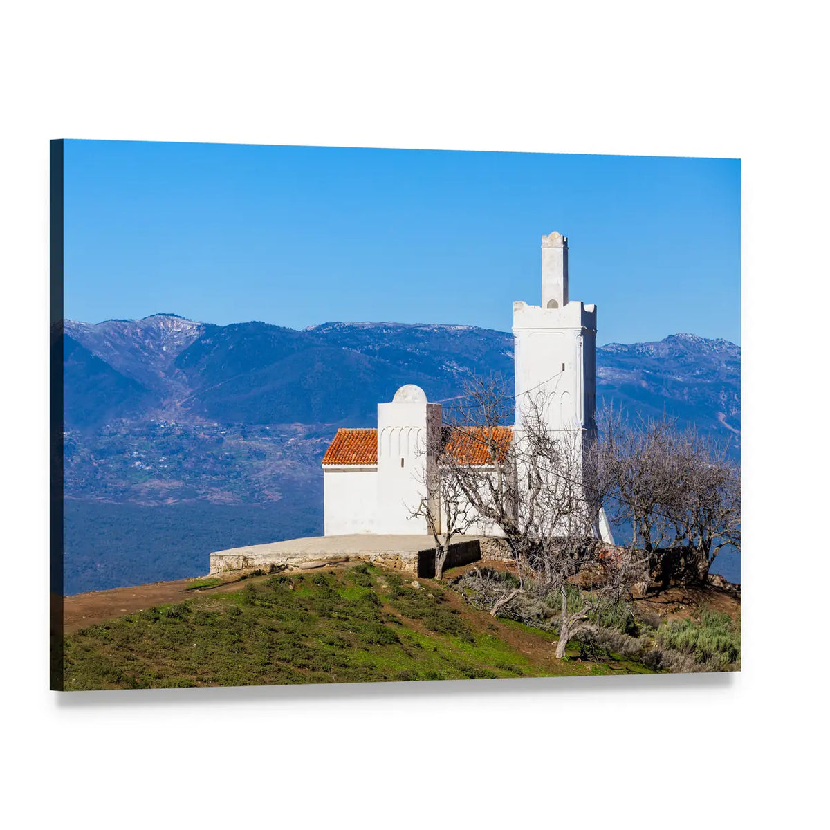 Spanish Mosque in Chefchaouen Morocco Canvas Wall Art, single panel gallery wrapped canvas, angled product view