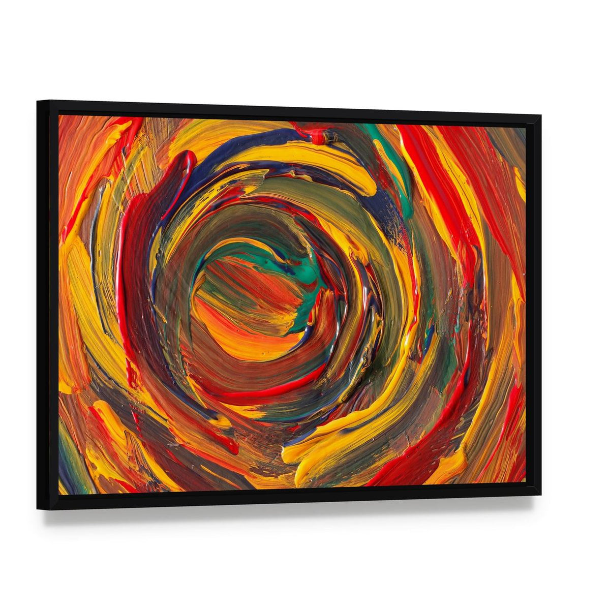 Vibrant Abstract Swirl with Impasto Texture Canvas Wall Art, framed canvas in a black floater frame, angled product view