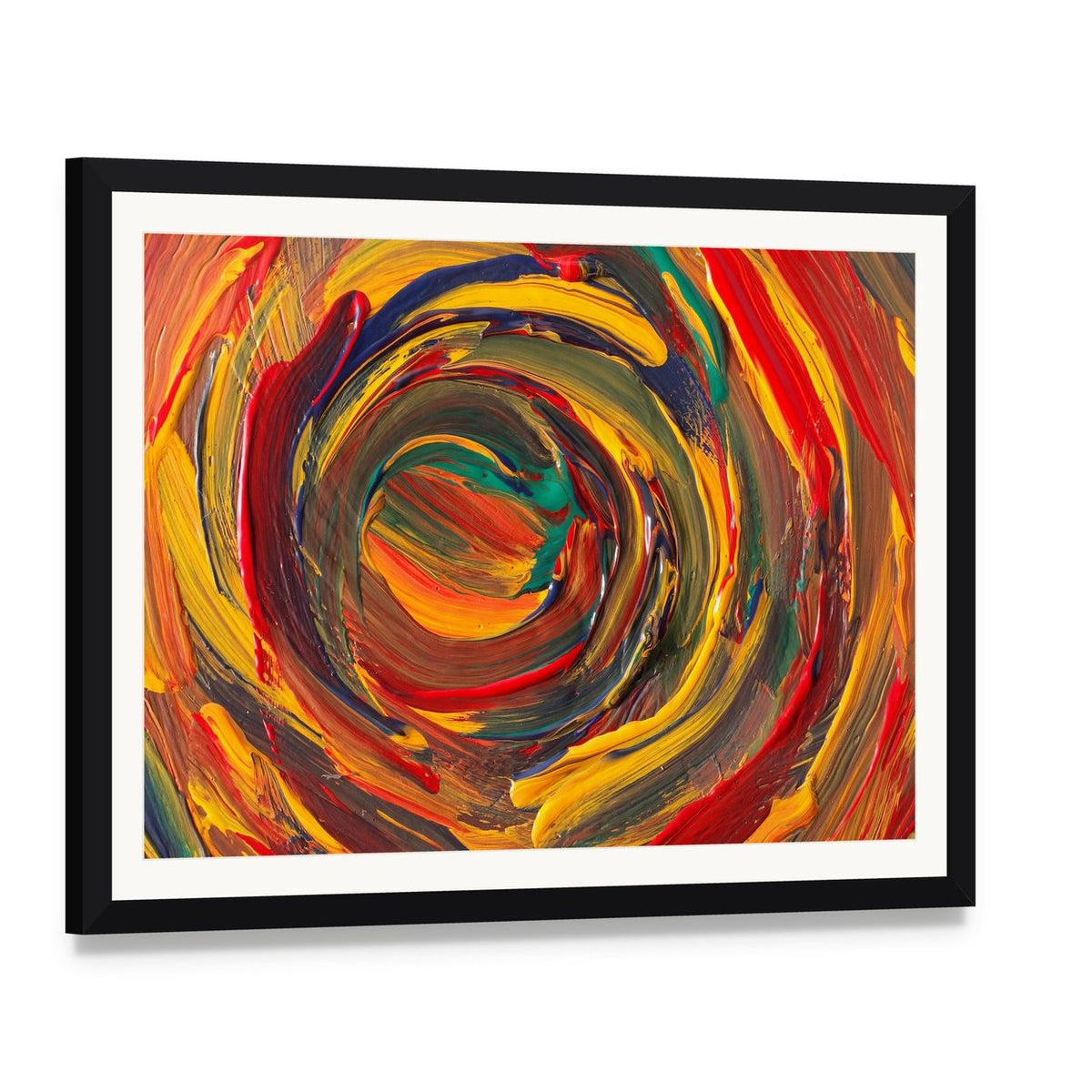 Vibrant Abstract Swirl with Impasto Texture Canvas Wall Art, framed print with white mat and black frame, angled product view