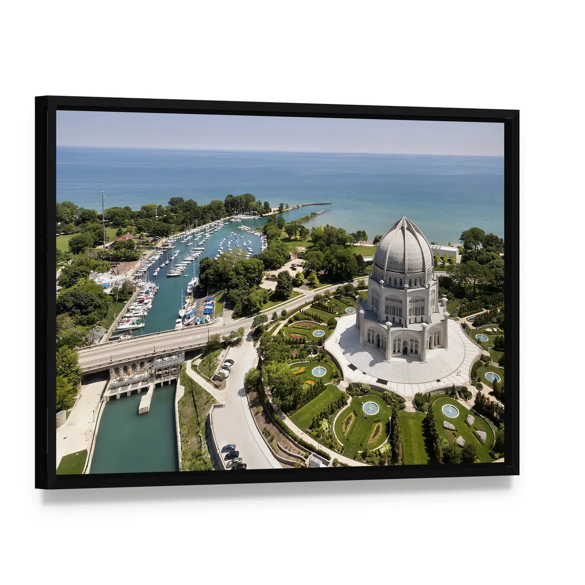 Baha'i Temple and Wilmette Harbor Canvas Wall Art, framed canvas in a black floater frame, angled product view