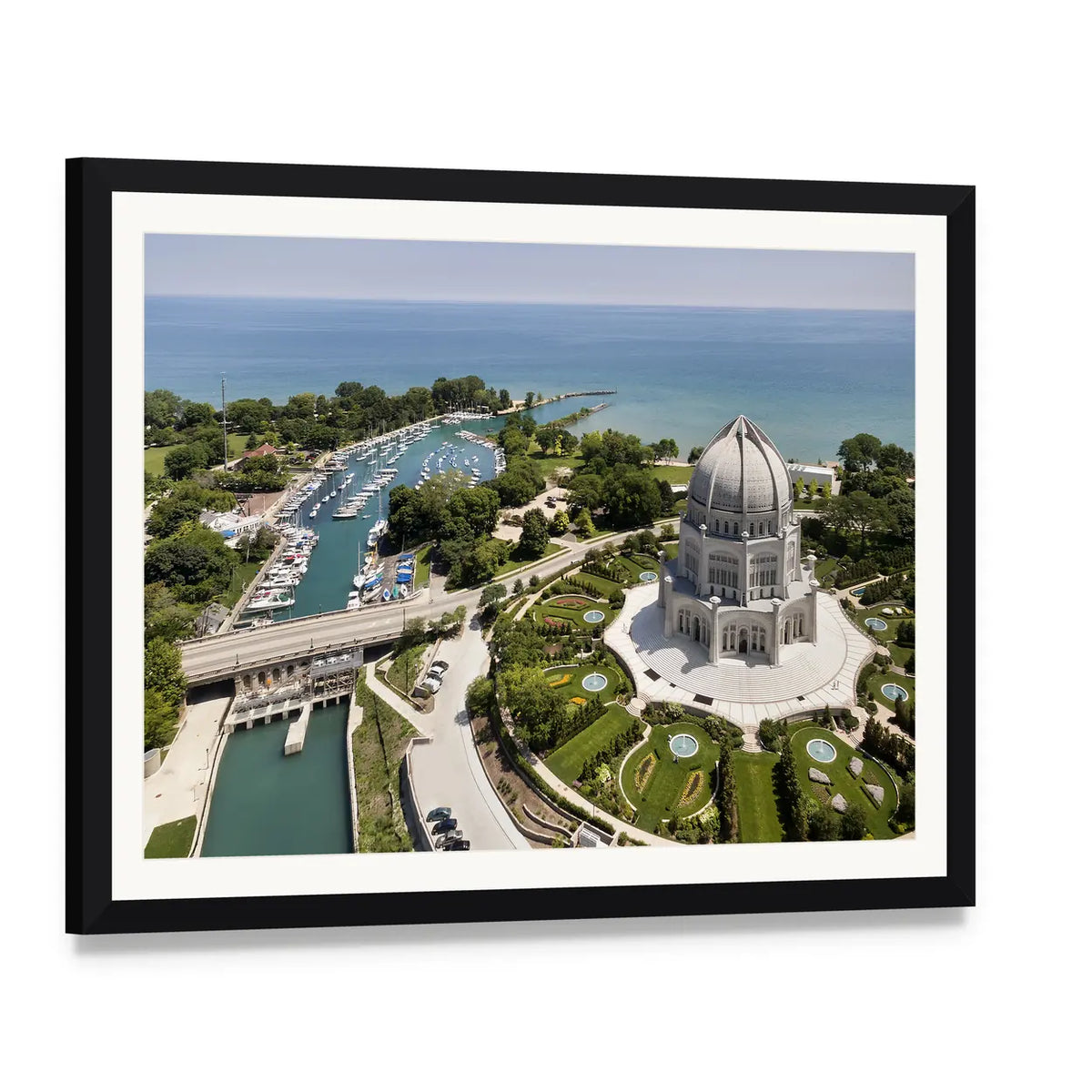 Baha'i Temple and Wilmette Harbor Canvas Wall Art, framed print with white mat and black frame, angled product view